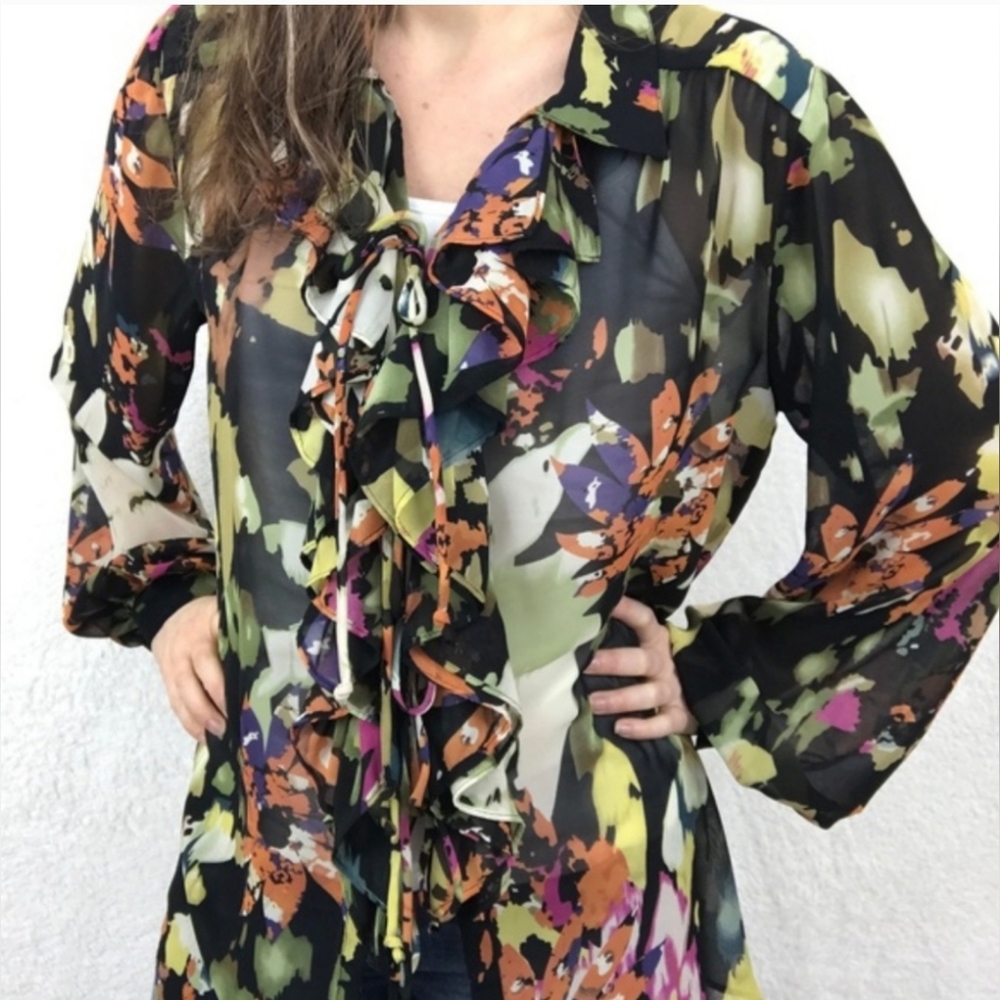 Cabi Women's Multicolored Sheer Ruffled Long Sleeve Tunic Top sz M